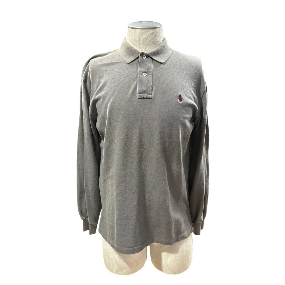 Polo Ralph Lauren Mens Polo Shirt Size M Gray Pique Pony Logo Long Sleeve Cotton